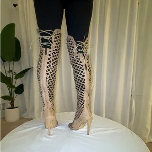 Elegant Beige Lace-Up Heels